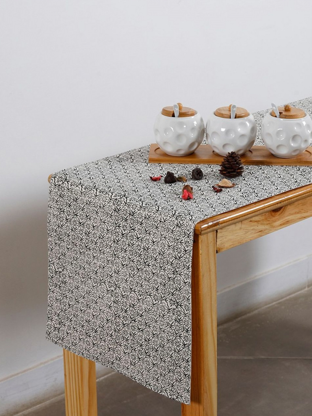 Myntra Elegant Homes Charcoal Grey & Cream-Colored Floral Printed Pure Cotton Table Runner