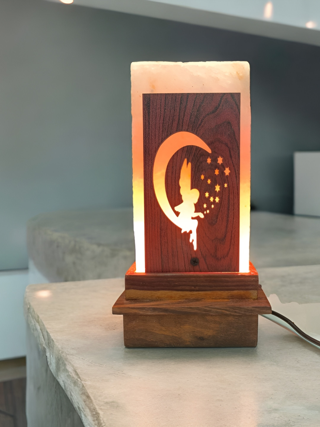 GLOBAL AROMA Basket Rock Salt Brown Wooden Fairy Square Table Lamp