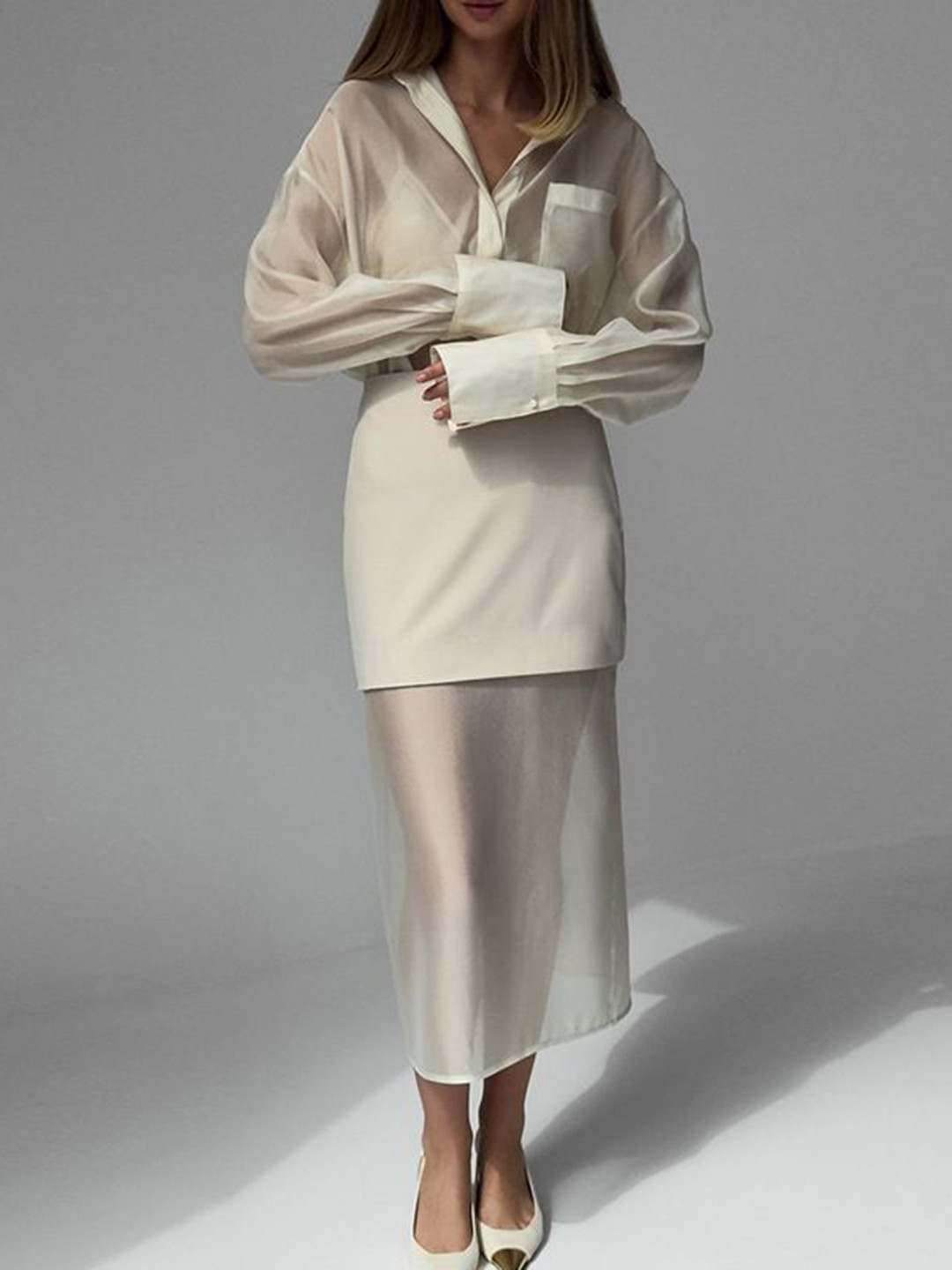 bebe Sheer Oversized Shirt & Sheer Overlay Midi Skirt Co-ord Set