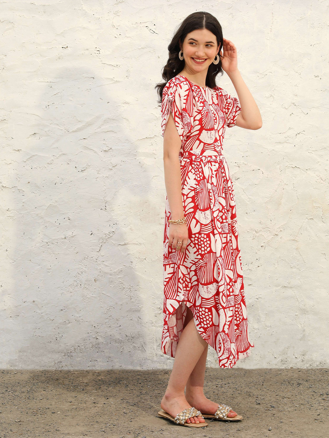 Sunscape Women Abstract Print Belted Boat Neck A-Line Midi Dress