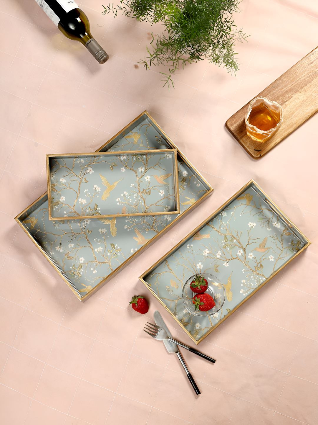 DULI Silver-Toned & Gold-Toned 3 Pieces Easy To Clean Waterproof MDF Serving Tray