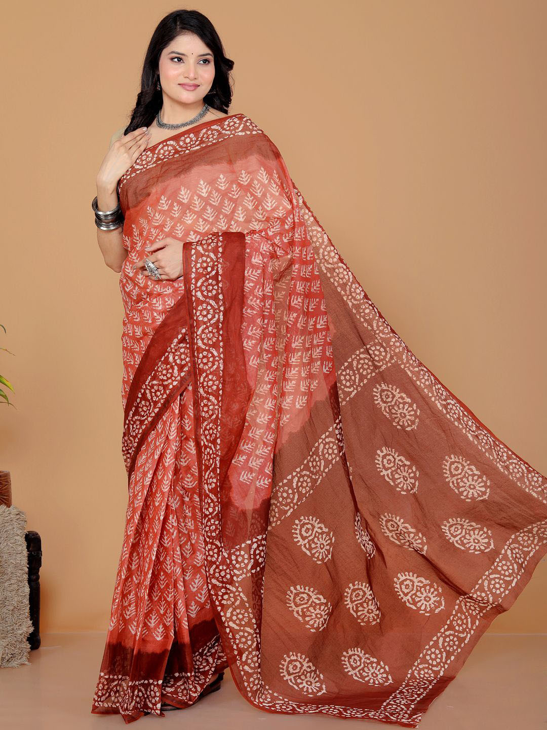 Jevi Prints Batik Pure Cotton Block Print Saree