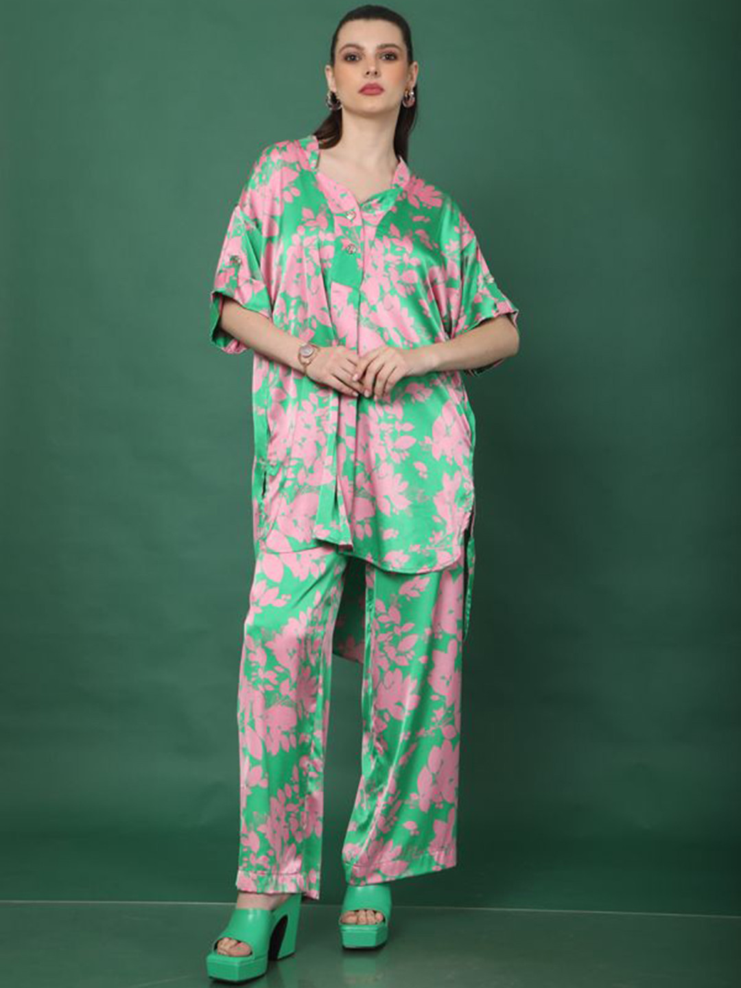 Tamiska By Narendra Kumar Printed Mandarin Collar Top With Trousers Co-Ords