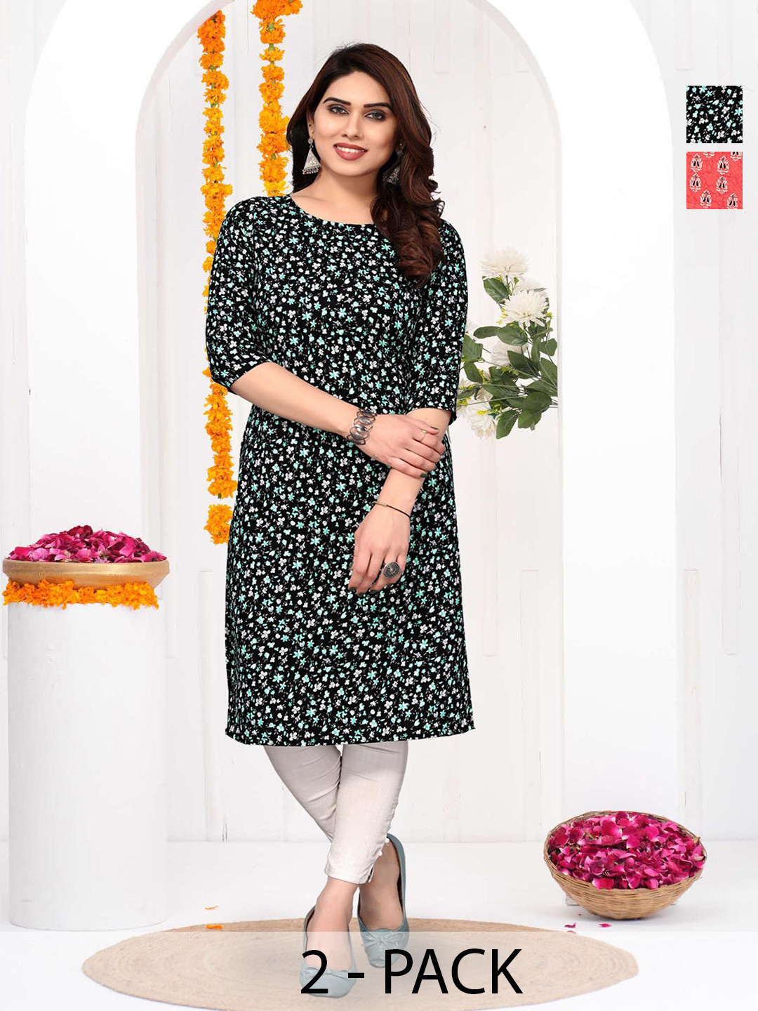 Moda Rapido Selection Of 2 Floral Printed Round Neck Straight Kurtas