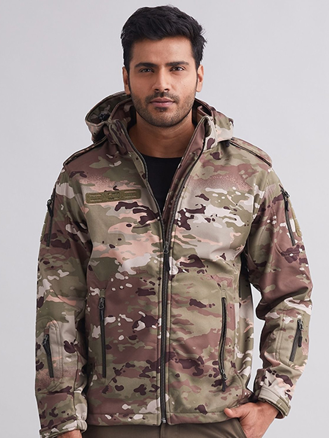 MOUNTMILLER Men's Camouflage 12 Zipper Soft Shell Hooded Tactical Jacket