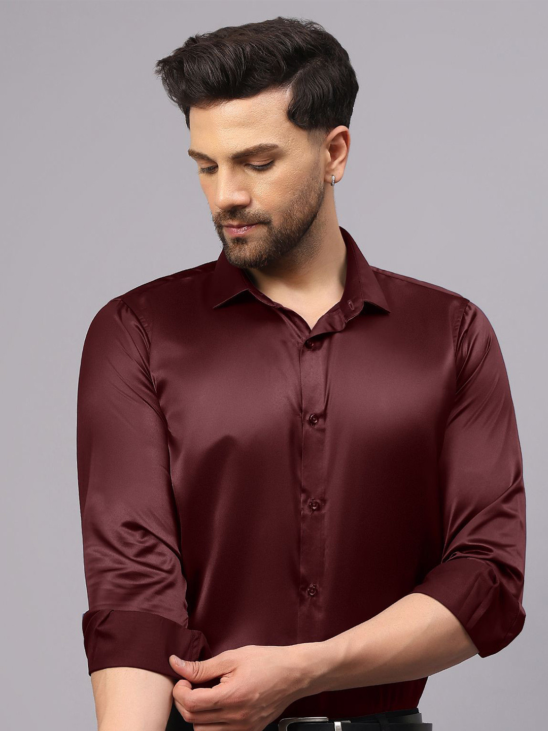 CVC Men Regular Fit Poly Satin Silk Maroon Shirt