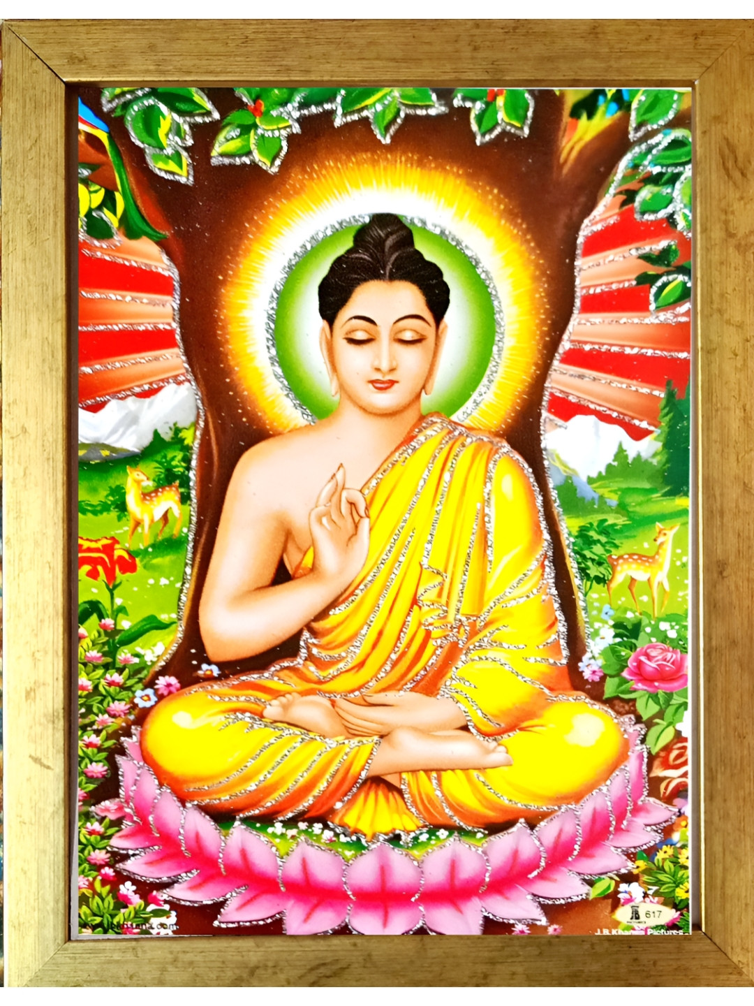 SUNINOW Gold Toned & Pink Lord Buddha Wooden Photo Frames
