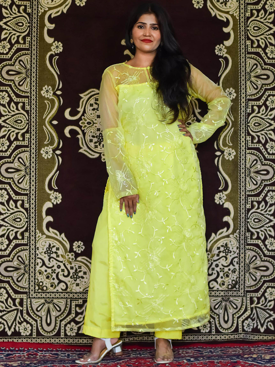 Anvi Styles for Stories Women Ethnic Motifs Yellow Embroidered Organza Kurti Set