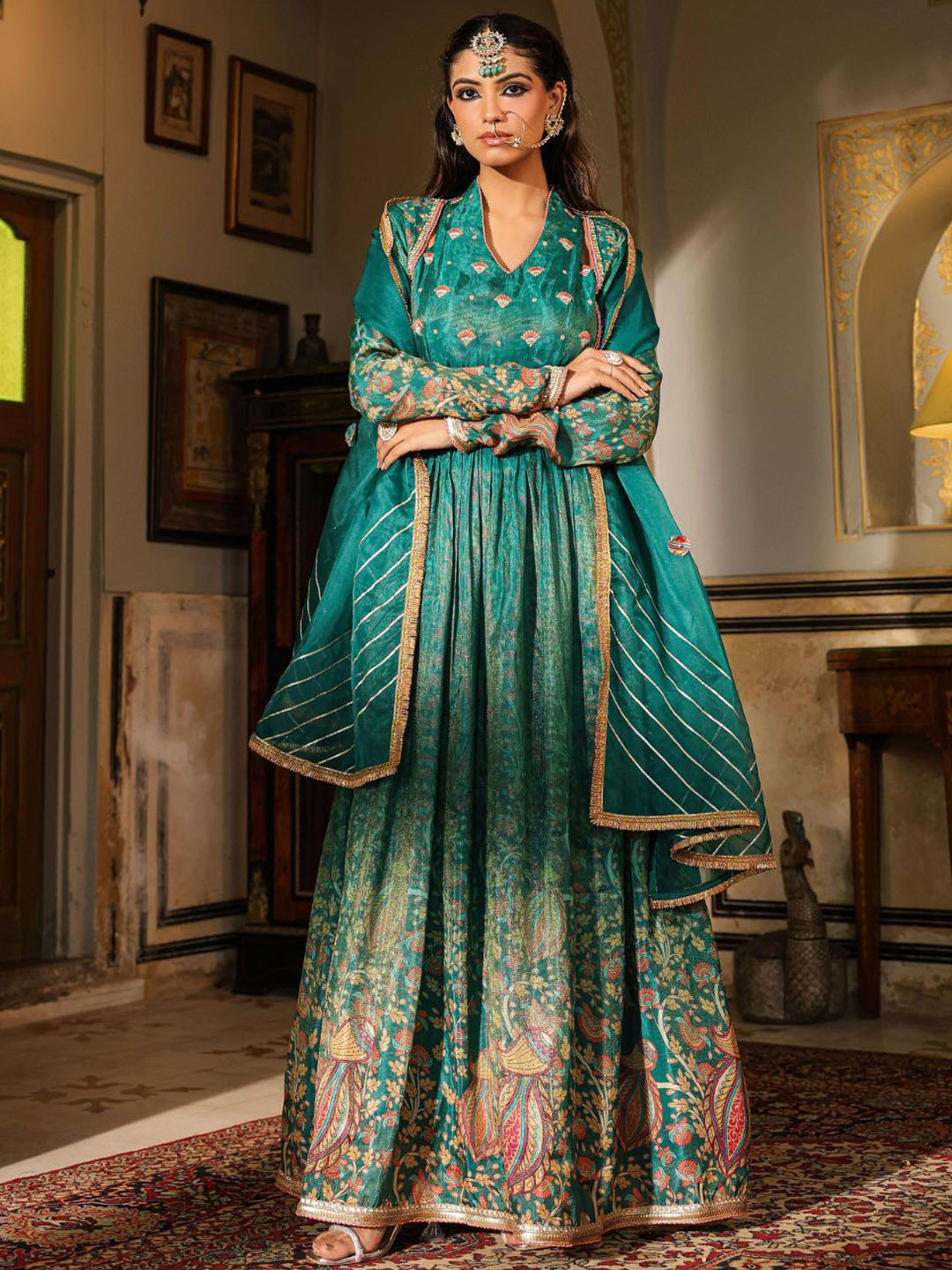Zolo Label Women Green Printed Muslin Cotton Anarkali Gown With Dupatta