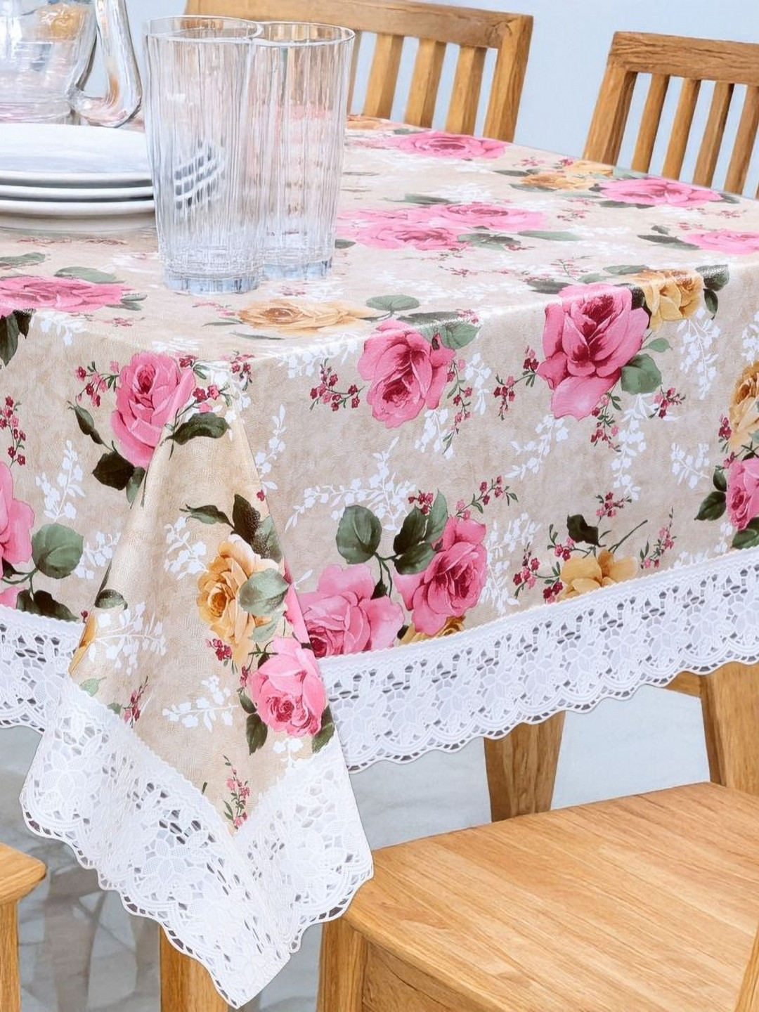 Stylista Pink & Beige Floral Printed 6 Seater Table Cover With Stylish Lace Border