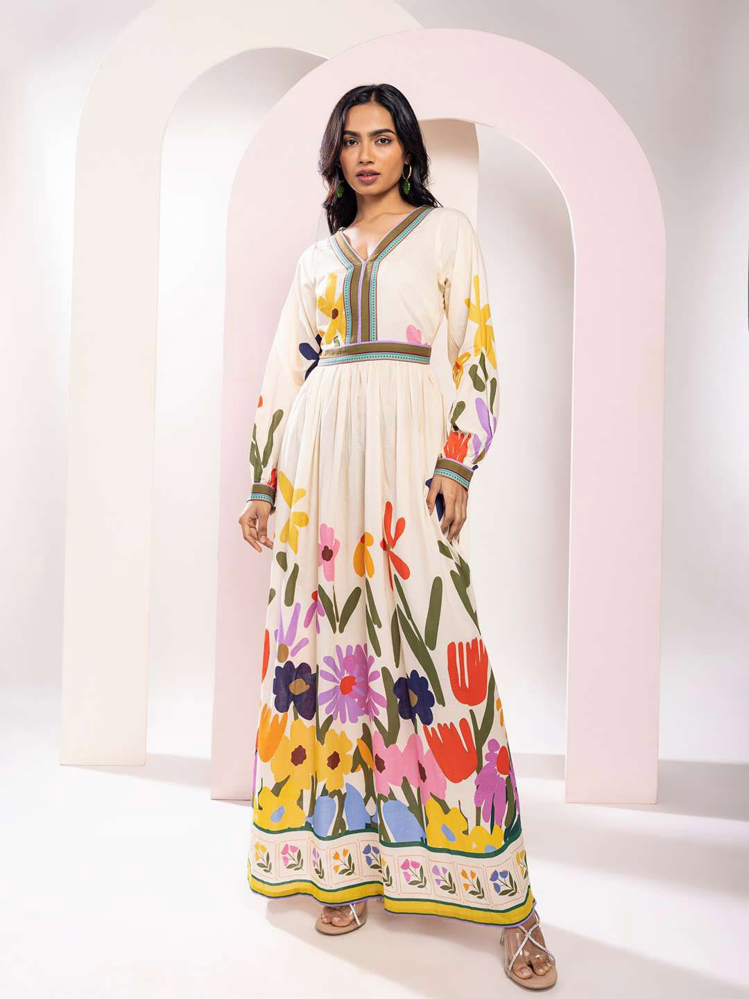 POPPI Folk Printed V Neck Maxi Dress