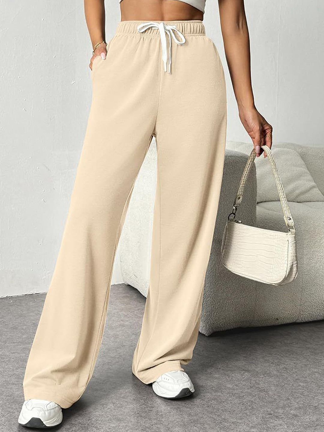 Outzidr Beige Waist Tie Up Sweatpants