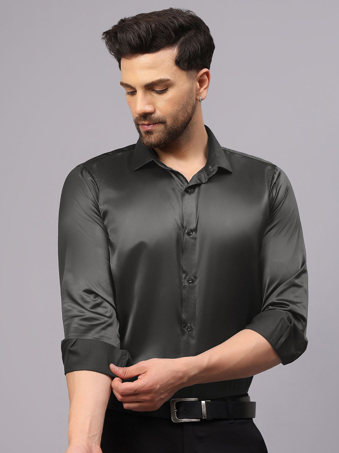 CVC Men Regular Fit Poly Satin Silk Grey Shirt