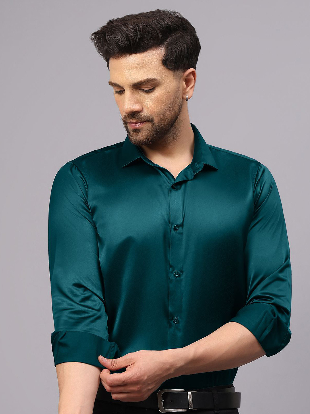 CVC Men Regular Fit Poly Satin Silk Teal Blue Shirt