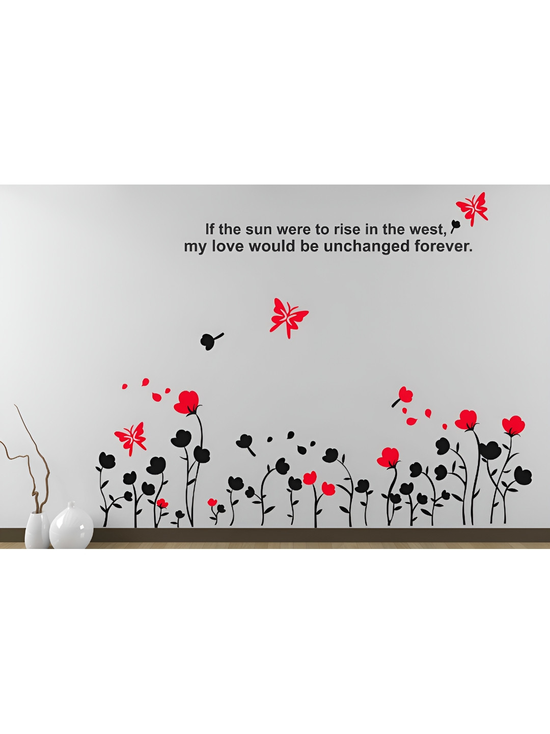 LANSTICK Black & Red Tree With Butterflies Self Adhesive Wall Sticker