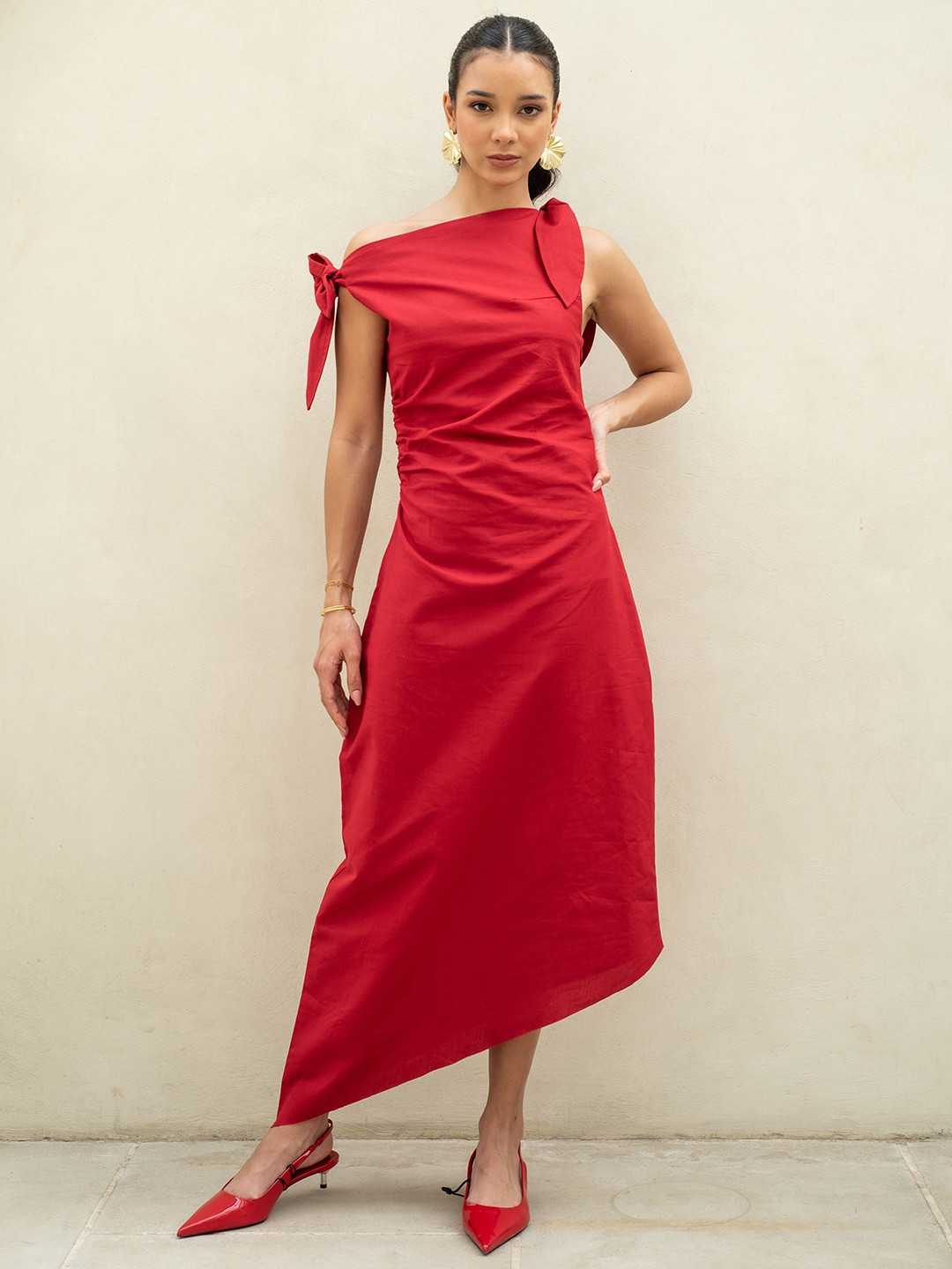 Sunscape Cherry Red Asymmetric Neck Linen Sheath Midi Dress