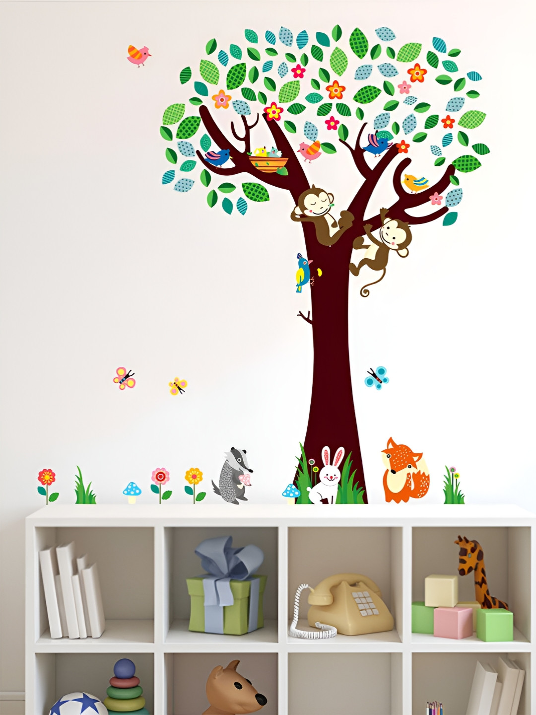 LANSTICK Brown & Green Tree With Animals Self Adhesive Wall Sticker