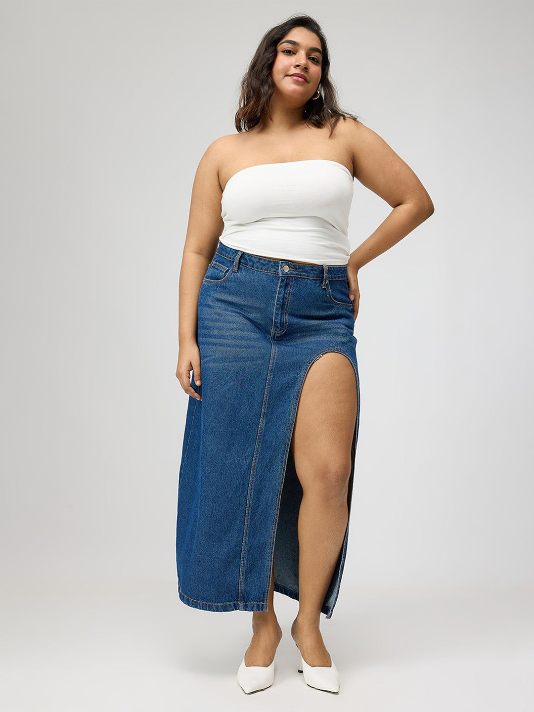 FREAKINS Blue Curve Front Open Slit Midi Skirt