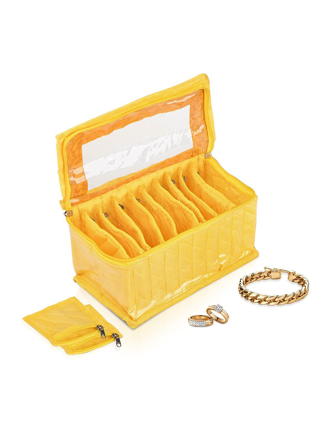 Kuber Industries Yellow & Transparent 10 Compartment Jewellery Organisers Pouch