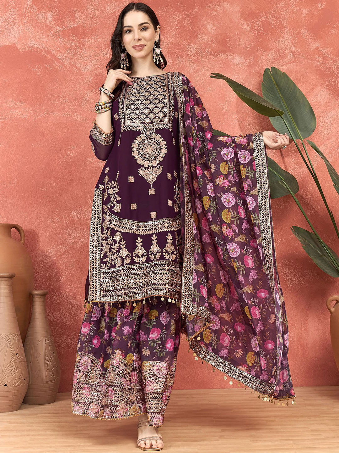SERONA FABRICS Floral Embroidered Sequinned Georgette Kurti With Sharara & Dupatta