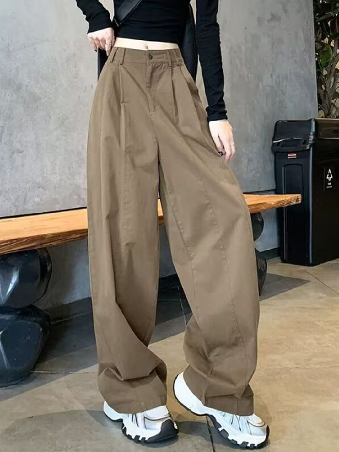 Outzidr Brown Basic Solid Pleated Trousers