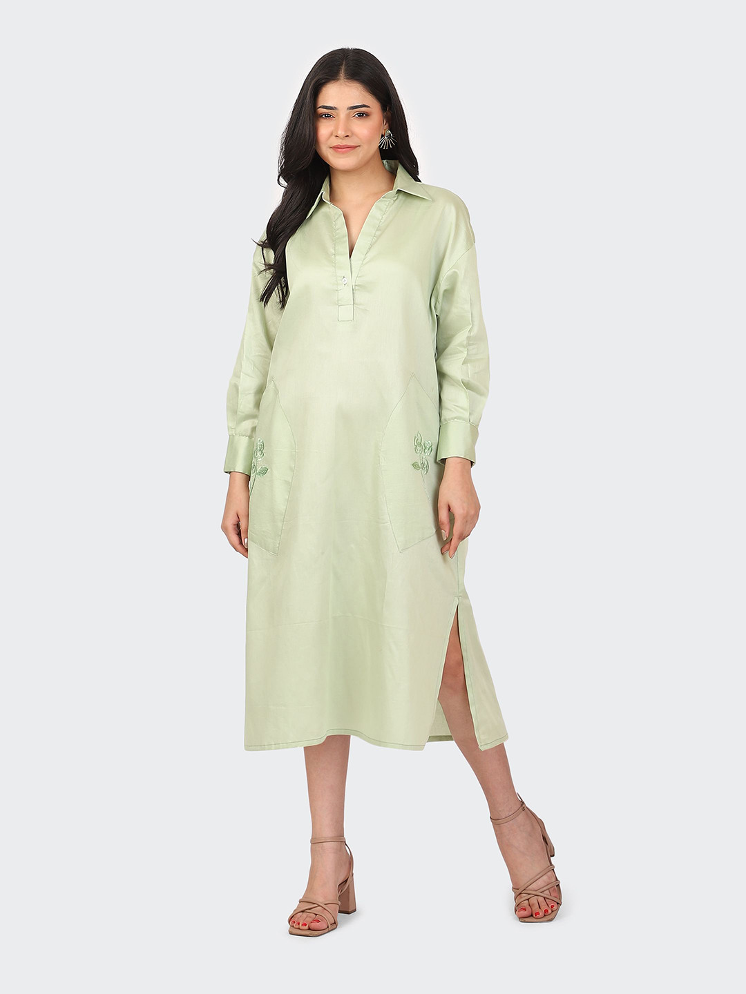 HUE & HIDE Women Shirt Collar Shirt Knee Length Dress