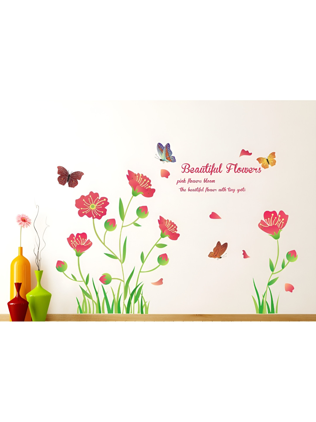 LANSTICK Red & Green Flowers & Butterflies Self Adhesive Wall Sticker