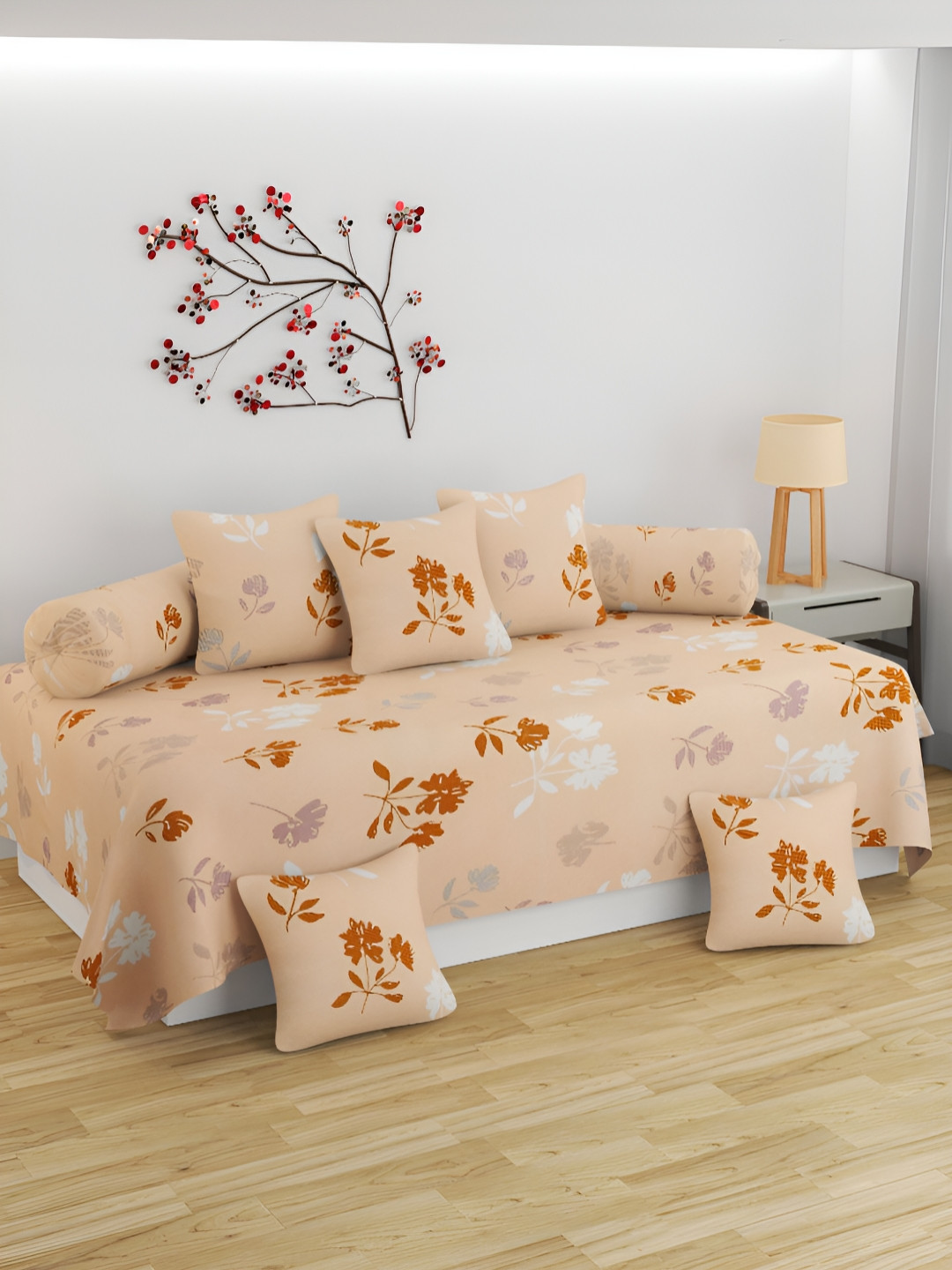 BELVOSTUM 8Pcs Orange-Colored & Brown Floral Printed Cotton Diwan Set
