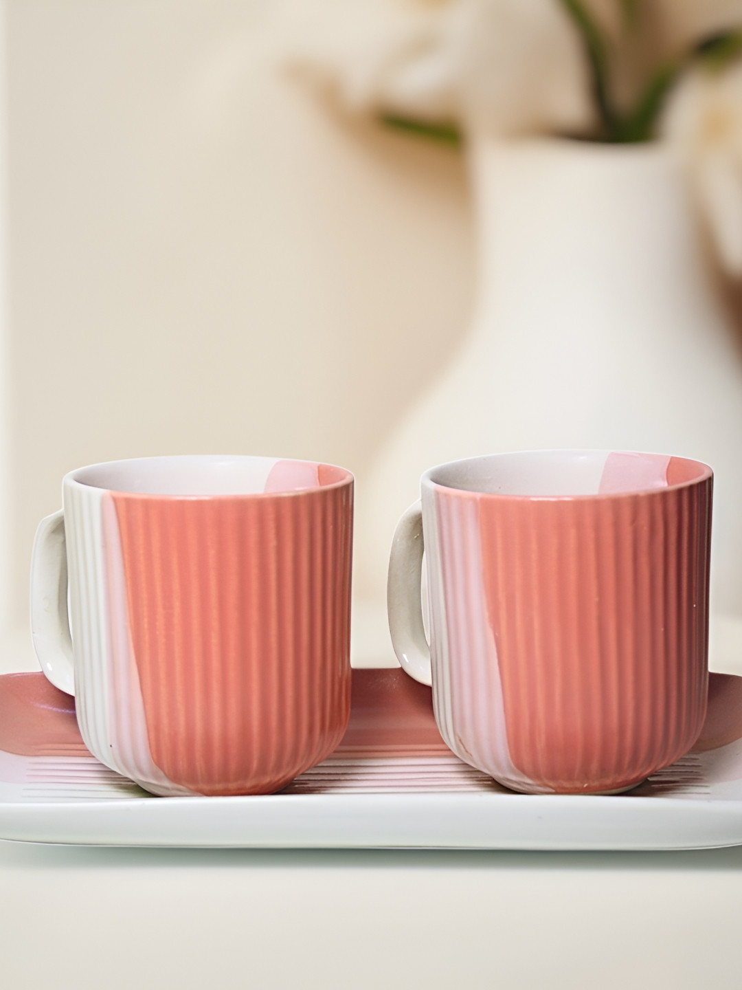 Ekaura Pink Textured Ceramic Microwave Safe 2 Piece Cup with Tray-350ml