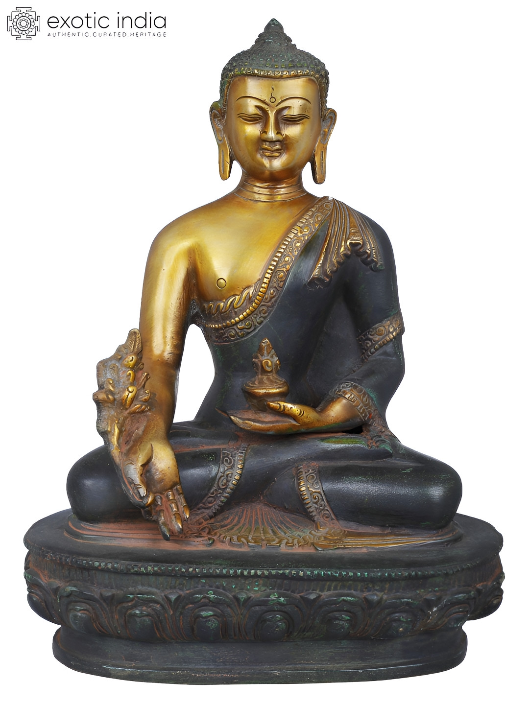 Exotic India Tibetan Buddhist Deity Medicine Buddha Gold Brass Metallic Living Room Hand Made Medium Showpiece - 10.5 Inches
