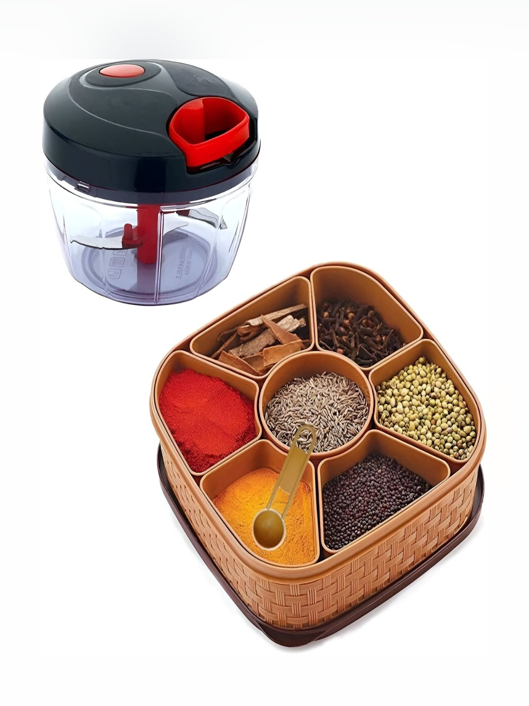 DeoDap Multi-Functional Manual Food Chopper & 7-Section Spice Box Set
