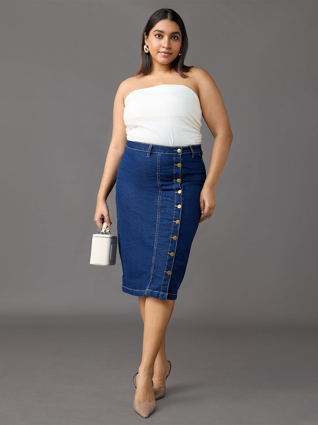 FREAKINS Indigo Impact Midi Curve Bodycon Skirt