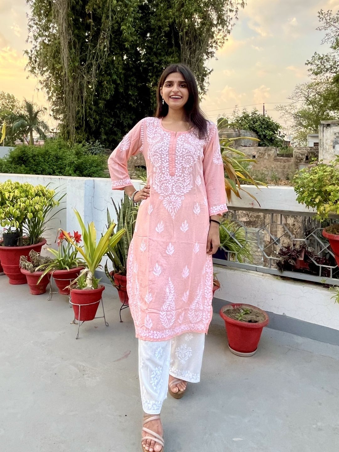 Everything In Chikankari Women Peach Women Hand embroidered Modal Chikankari Kurta