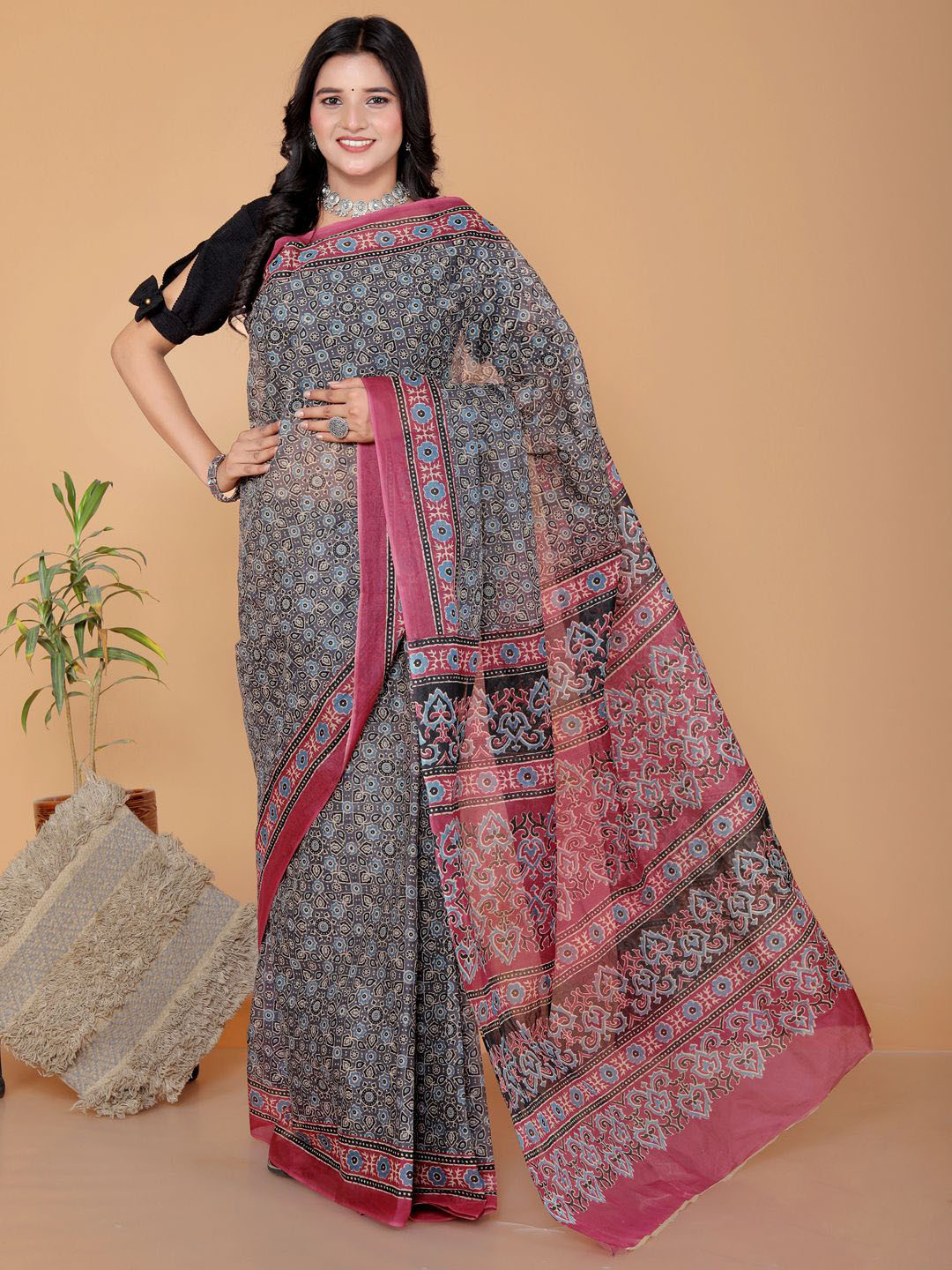 Jevi Prints Kalamkari Pure Cotton Block Print Saree