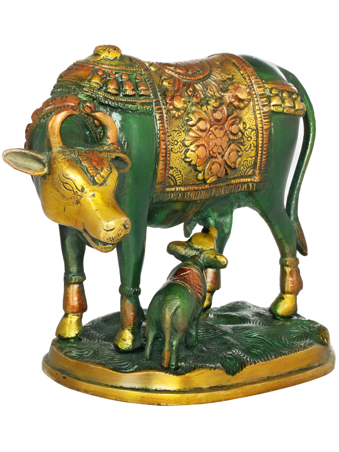 Exotic India Cow and Calf Green Brass Metallic Living Room Hand Made Small Showpiece - 5 Inches