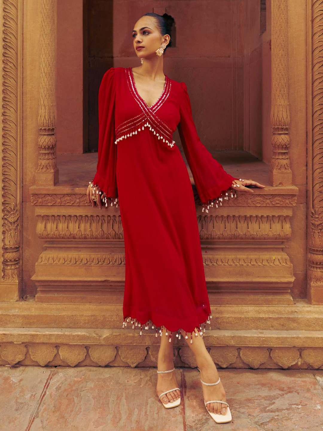 SILCHIC Sindoor Georgette Embroidered & Sequined Midi Dress