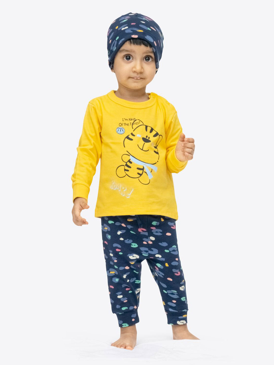 ariel Kids Printed Pure Cotton Long Sleeves Round Neck T-Shirt and Pyjamas with Cap