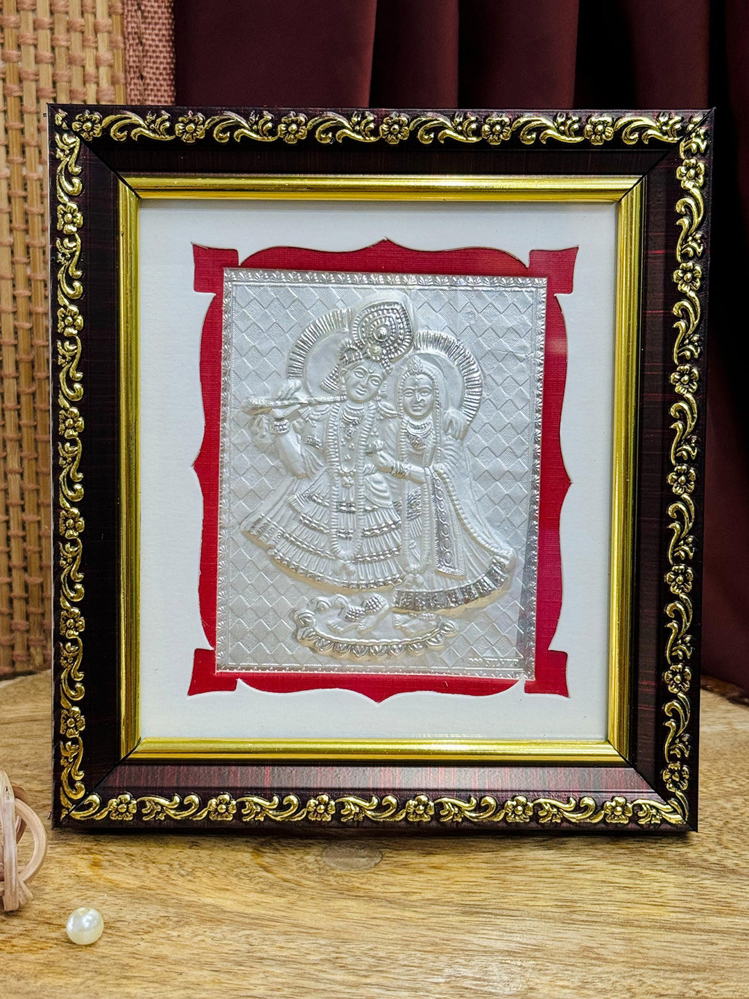 ABDESIGNS Silver Toned & White Radha Krishna Printed Table Photo Frame