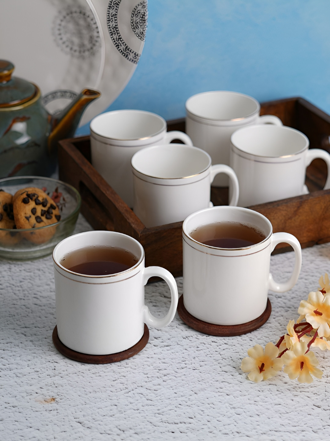 Aura Sunflower Capsule White Ceramic Handmade 6 Piece Mugs-180ml
