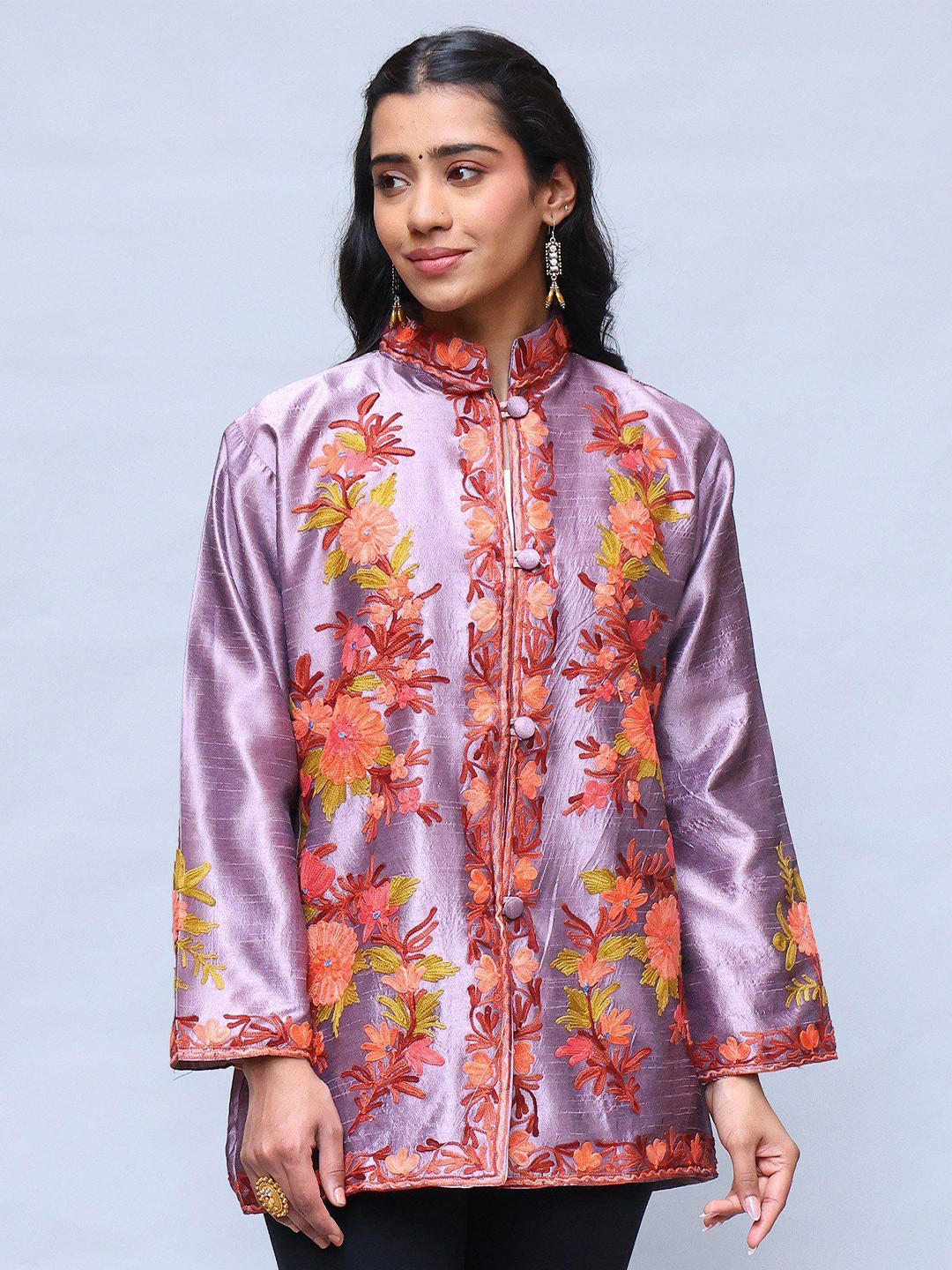 Exotic India Women Floral Long Sleeves Knitted and Woven with Embroidered Jacket