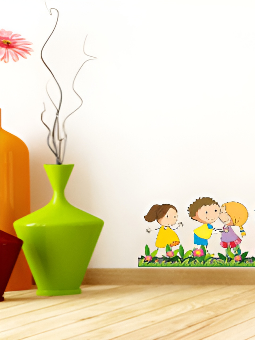 LANSTICK Green & Yellow Cute Little Kids Playing  Self Adhesive Wall Sticker