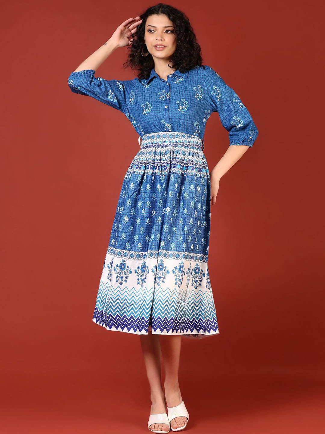 V-Mart Printed Shirt Collar Ethnic Dresses