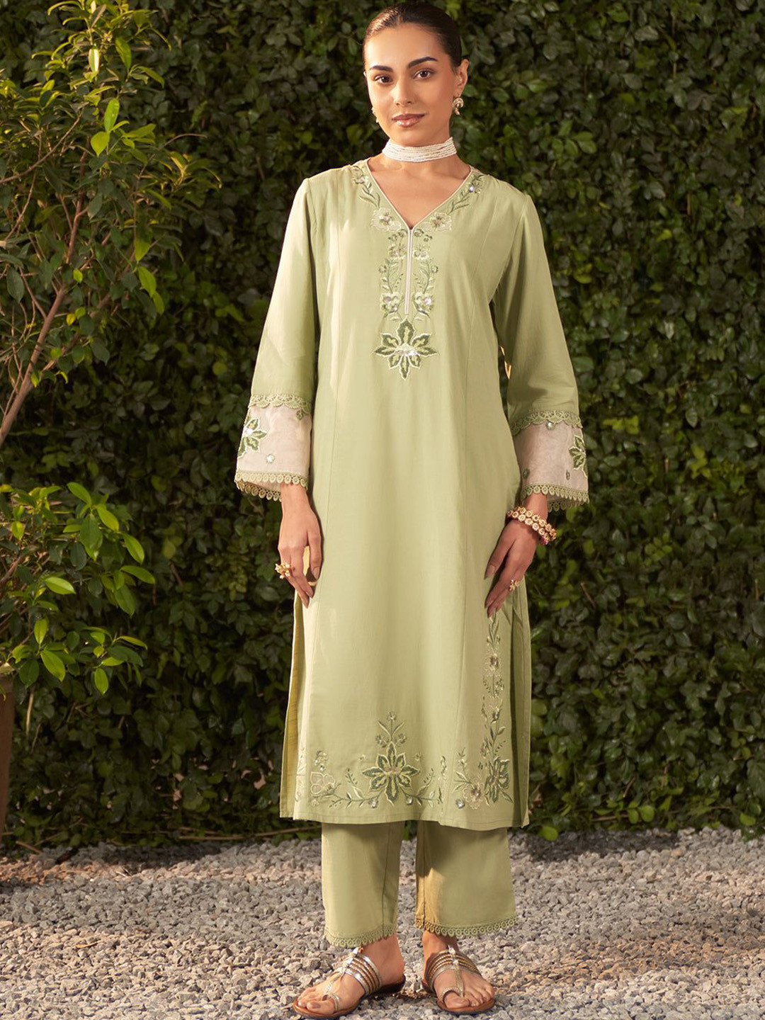 Lakshita Women Green Embroidered Cotton Salwar Kurta Dupatta Set