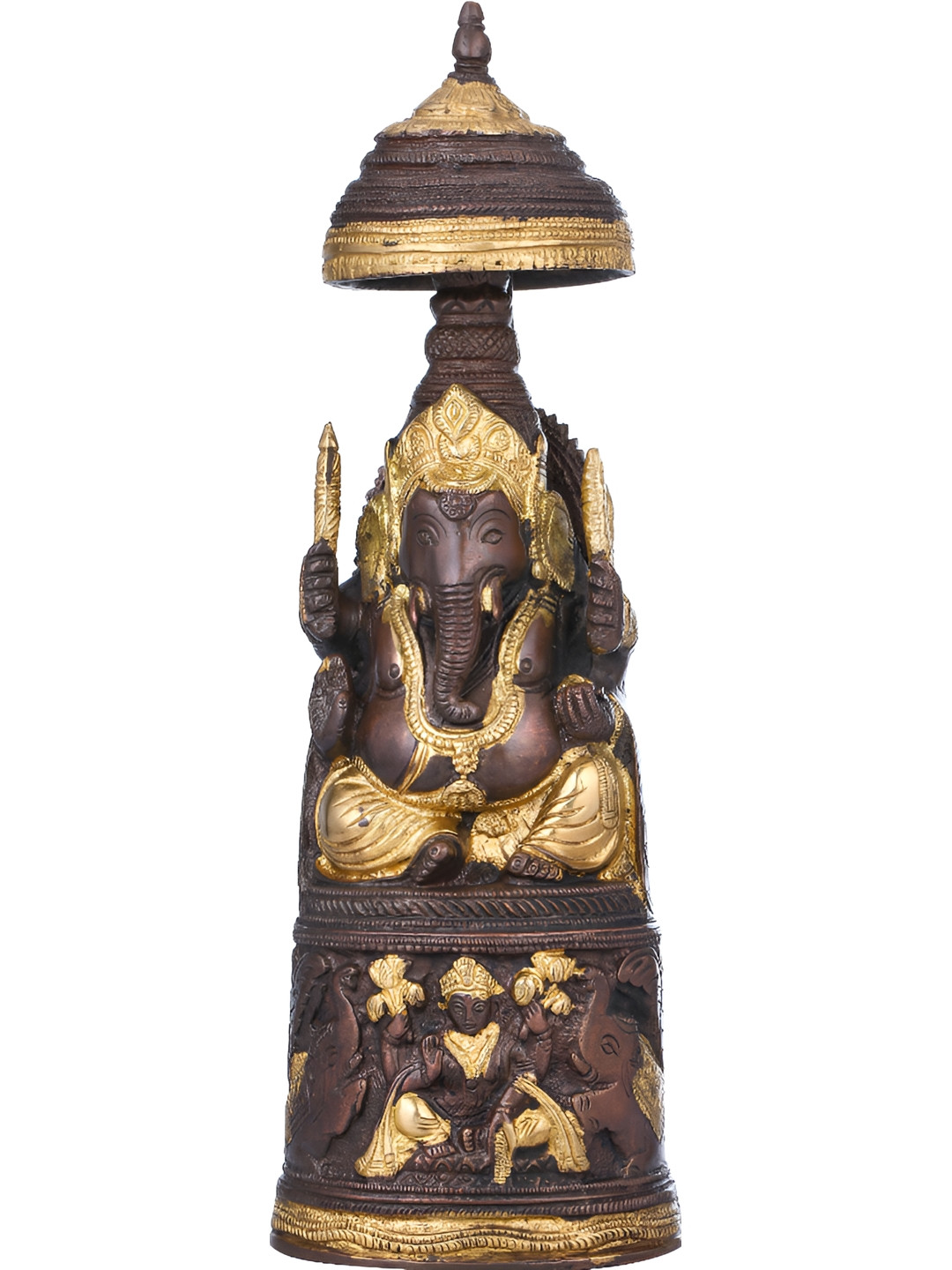 Exotic India The King Ganesha with Lakshmi Ji Brown Brass Metallic Prayer Room Hand Made Medium Showpiece - 10.5 Inches