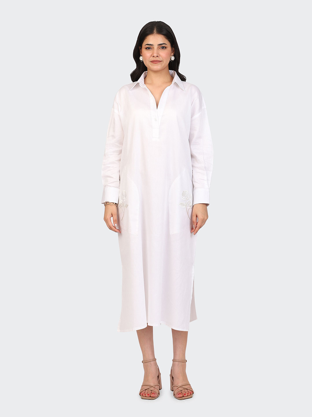 HUE & HIDE Women Embroidered Shirt Collar Shift Midi Dress
