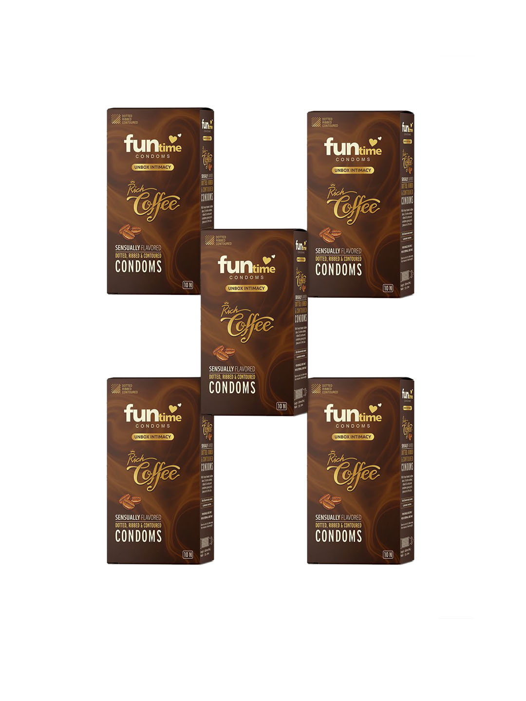Funtime Pack Of 5 Coffee Flavor Dotted & Ribbed Condoms - 50 Pcs