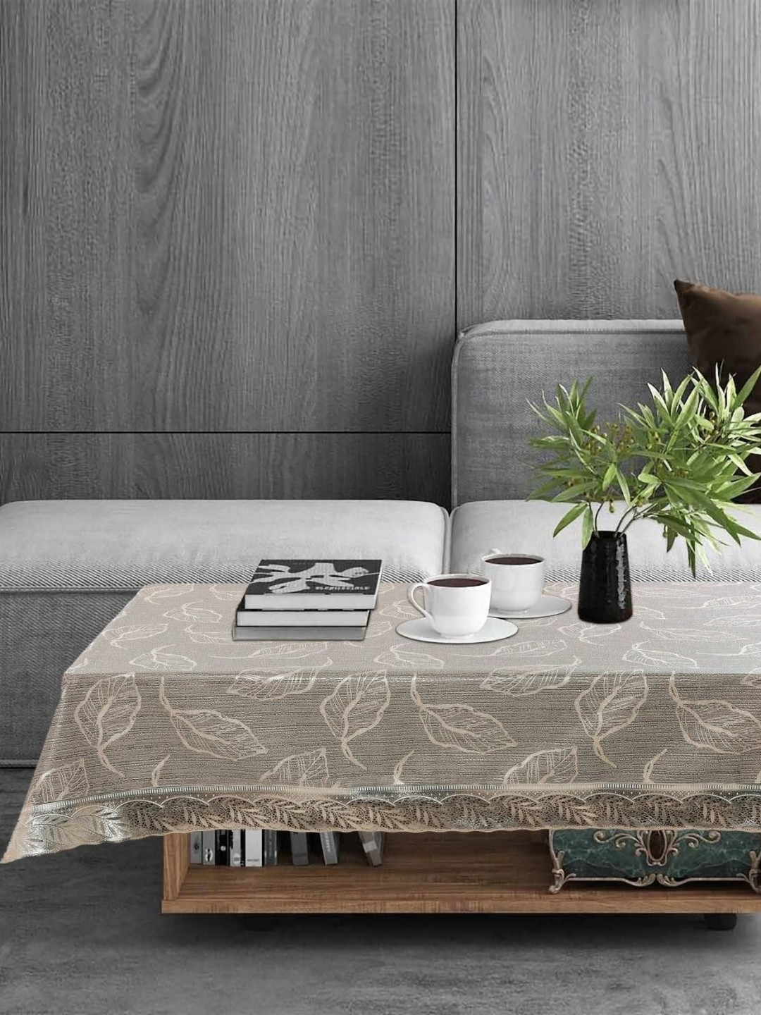 Stylista Gunmetal-Toned 4-Seater Rectangle Anti-Slip Table Cover With Stylish Lace Border