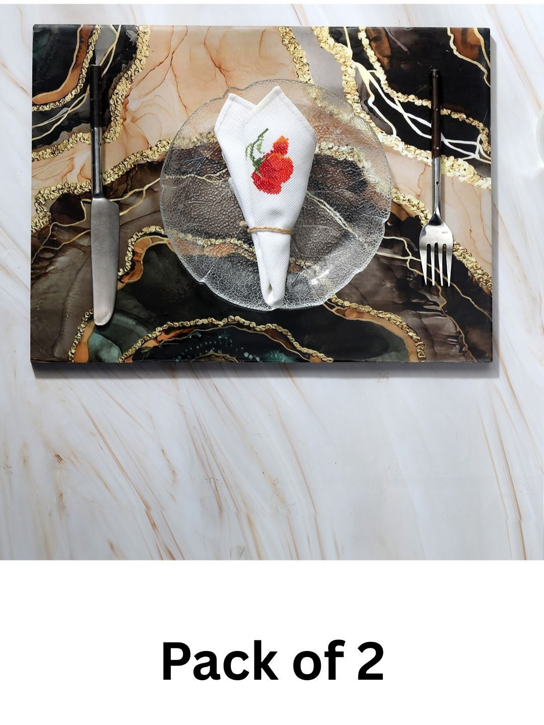 DULI Set Of 2 Brown & Rust Marble Printed Wooden & Enamel Coated Rectangle Table Placemats