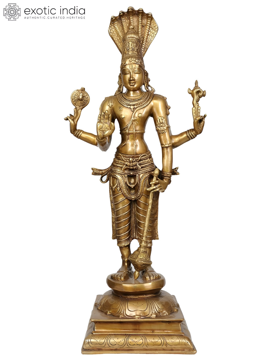 Exotic India Chaturbhuja Vishnu Gold Brass Metallic Prayer Room Hand Made Extra Large Showpiece - 32 Inches
