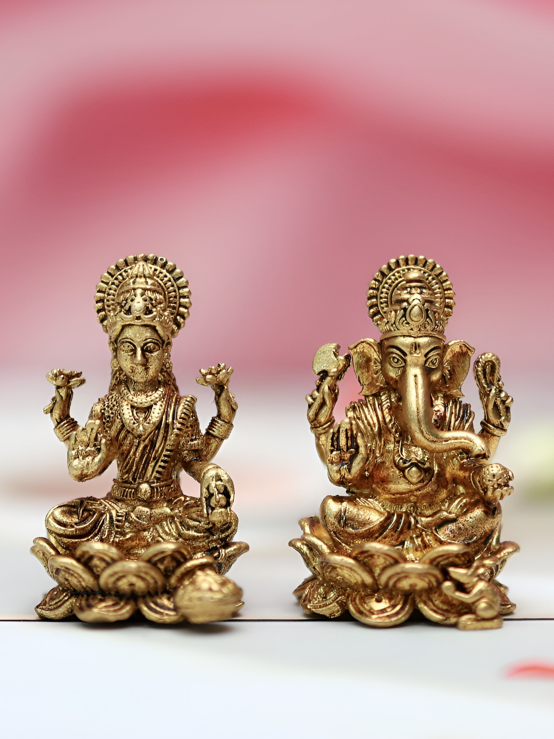 Devsabha Ganesh Laxmi Gold Brass Metallic Prayer Room Set of 2 Small Showpieces - 1.6 Inches